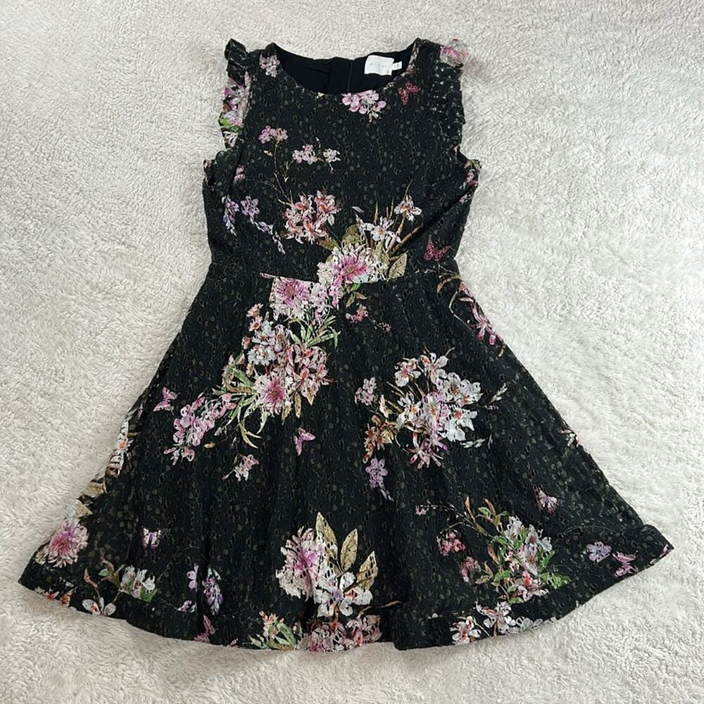 Floral Lace Fit & Flare Mini Dress - Black with Pink Floral